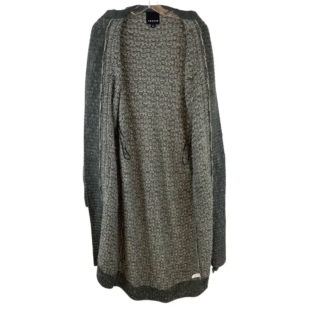 Trouve Gray Acrylic Knit Fringe Trim Long Cardigan Duster Sweater Size Large